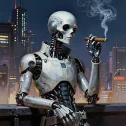 An android smoking a cigar in a cyberpunk city, by Frank Frazetta, Trending on Artstation, highly detailed,