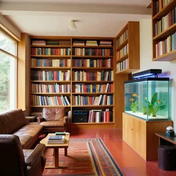 a interior design of a home by frank lloyd wright, colourful, intellectual, library, fish tank, beautiful, craig mullins