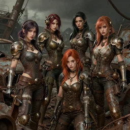 group of 4 beautiful scavenger girls in a junkyard, steampunk, gritty, dirty, rusty, high fantasy, alluring, detailed faces, sharp focus, high detail, smooth, digital illustration, by rossdraws, artstation