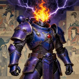composition portrait of gothic and futuristic, warhammer, cyber japan style armor, more and more scars, thunderstorm, fire head, purple, blue and yellow, highly detailed, artstation, in the style of moebius, jugendstil and classic japanese print, art by jean delville and rene magritte