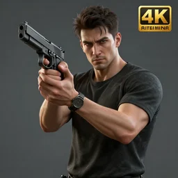 a guy holding a gun, 4k, realistic, unreal engine render, trending in artstation, artstationHD, artstationHQ, - n 5 - i - s 150