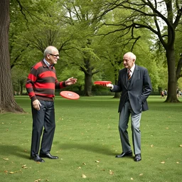 gilbert and george playing with frisbees, in the park, where's wally