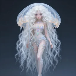 beautiful korean jelly fish woman with white curly hair and pastel smeared makeup, ornate details, etheral, extremely detailed, sharp focus, wide view, full body shot, smooth, digital illustration, by, james jean!!!!!, by rossdraws, frank franzzeta, sakimichan, jeremy lipking