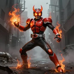 character portrait of a demonic monster kamen rider gunslinger with fire eyes doing a henshin pose standing in a misty city street, wielding fire, monster made out of fire, matte painting, dramatic lighting, 8 k, rubber suit, digital painting, concept art, muted colors, red colors, moody colors, broken pipes, in the style of frank frazetta