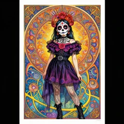 realistic detailed psychedelic poster art of a cute punk goth fractal Día de los Muertos girl posing by Victor Moscoso Rick Griffin Alphonse Mucha Jamie Hewlett Moebius, masterpiece