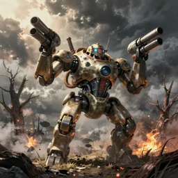 a mech with guns on each arm preparing for combat, battlefield, dead trees, fire, smoke, dark clouds, slightly sunny, ominous, intense, epic, extremely detailed, cinematic lighting, studio ghibli, anime, steampunk,