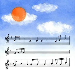 blue sky, white clouds orange sun, music notation, gustav klimt, john singer sargent, watercolor painting