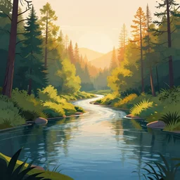 a river in the middle of a forest at sunrise, vector art, trending on deviantart, highly detailed, high quality, 8 k, soft lighting, bloom, godrays, complementary colors, octane render, unreal engine 5, path traced, beautiful landscape, serene landscape, fancy colors