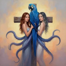 painting of cross between megan fox & blue macaw, intercrossed animal with tentacles, by zdzislaw beksinski, by tiffany bozic, cold hue's, warm tone gradient background, concept art, beautiful composition, digital painting,