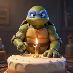 leonardo ninja turtle on a birthday cake, unreal engine, octane render,