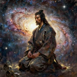 depicting still photo of galactic behemoth ancient kneeling samurai by style ilya repin