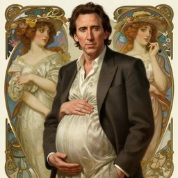 male nicolas cage is pregnant, handsome, intricate, elegant, highly detailed, digital painting, artstation, concept art, smooth, sharp focus, illustration, art by artgerm and greg rutkowski and alphonse mucha and william - adolphe bouguereau