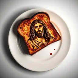 burnt toast with image of jesus, it's is on a plate with studio lighting. the shading is excellent. the chocolate toast looks very good and yummy.
