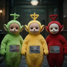 teletubbies in the backrooms, low key, disturbing, serious faces, found footage, claustrophobic, bokeh, graflex