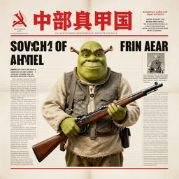soviet newspaper with photo of shrek as soviet sniper of red army, with rifle, ww 2, portrait