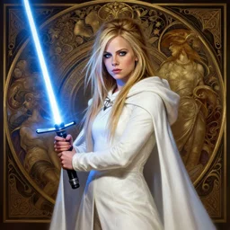 perfect drawing of avril lavigne wearing white cloak holding light saber, intricate, highly detailed, digital painting, artstation, concept art, smooth, sharp focus, illustration, unreal engine 5, 8 k, art by artgerm and greg rutkowski and alphonse mucha