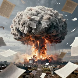 documents, papers and folders floating in the sky!!!! a nuclear blast on the horizon, beksinski, dariusz zawadzki, very coherent symmetrical artwork. cinematic, hyper realism, high detail, octane render, 8 k