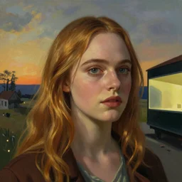 Elle Fanning in the painted world of Drive, head and shoulders masterpiece, apocalypse, golden hour, cosmic horror, artstation, in the style of Andrew Wyeth and Edward Hopper and Bosch, extremely detailed