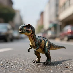 a beautiful photo by saul leiter of a tiny dinosaur standing in the street, tiny gaussian blur, insanely detailed, insanely intricate, insanely beautiful, depth of field, low contrast, sunny, wide aperture