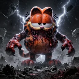 eldritch horror bloody garfield in space, hd, 8 k, giant, epic, realistic photo, unreal engine, prophecy, powerful, cinematic lighting, destroyed planet, debris, violent, sinister, ray tracing, dynamic, epic composition, dark, horrific, teeth, grotesque, monochrome drawing, hellscape, corpses, foreboding, lightning, garfield cartoon eyes