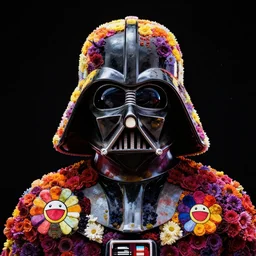 Darth Vader made out of flowers, black background, fantasy portrait by Takashi Murakami and Lisa Frank, cosmic horror concept art, 4k HD, trending on ArtStation
