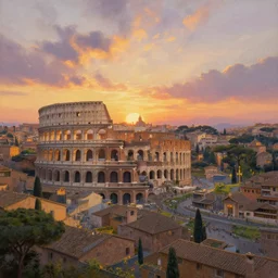 A painting of a panoramic view of Rome at sunset, by Greg Rutkowski and James Gurney, trending on Artstation, highly detailed