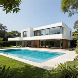 A view of a modern house, with a large pool, surrounded by greenery, designed by Álvaro Siza Vieira