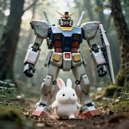 a 3 5 mm photo from the front of a giant mecha armored war delorean gundamrobot as chubby cute rabbit walking in the woods, splash art, movie still, bokeh, canon 5 0 mm, cinematic lighting, dramatic, film, photography, depth of field, award - winning, backlighting, overcast, 8 k, hyper detailed, 3 5 mm film grain