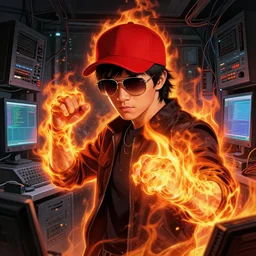 character art by ruan jia, young jet li wearing wayfarer glasses and red baseball hat at a music concert, on fire, fire powers, room filled with computer equipment, computer monitors, network cables