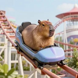 a capybara riding a roller coaster