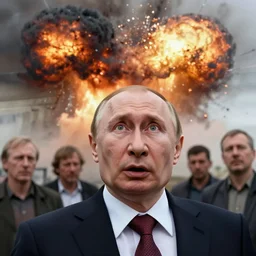 vladimir putin realistic, details, freaked out, with open mouth scared, looking up to sky, air strike explosion nearby, by donato giancola and greg rutkowski and wayne barlow and zdzisław beksinski, realistic face, digital art