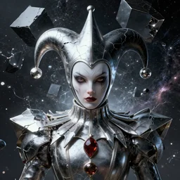 front shot of a court jester character fine portrait fine portrait mesmerizing fractal hyper cubes platinum cracked dark future hyper dimensional space galactic crystal nebula edges elegant detailed intricate concept artstation sharp focus ray tracing cinematic masterpiece octane render nvidia temporal corruption beeple wlop lok du germ tomasz alen 8 4 k