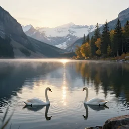 beautiful canadian landscape by the lake, reflective, swans in the lake, sunlight, morning, ambient lighting, life is strange artwork style,