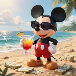 Mickey Mouse with sunglasses drinking a cocktail on the beach and counting his money, Disney style