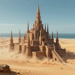 style artgerm, joshua middleton, conrad roset, a giant brown stone castle in the desert, very long spires, sand swirling, detailed, ocean background setting, volumetric lighting