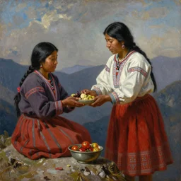 a beautiful painting of an incan woman exchanging food at the top of a mountain with another woman, art by christophe vacher