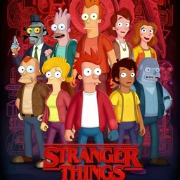 Futurama Cast in Stranger Things poster by Matt Groening, high resolution, hyper detailed, intricate, illustrated, all cast members !n-9