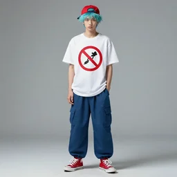 a young, light - skinned man with spiky cyan hair. he wears a white t - shirt with a red prohibition sign, baggy blue pants, red sneakers with white shoelaces and soles, and a backwards red cap with a dark blue brim.