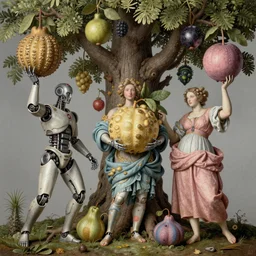 hyperdetailed cyborgs under a big tree, holding huge interesting elaborate fruits. in the style of Caravaggio, with liberty and flemish baroque mixed media details. vibrant textures in natural pastel tones. matte background HD 8x