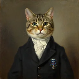 An oil painting by Rembrandt of a cat with a president suit