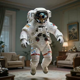 a cybernetic symbiosis of a single astronaut eva suit  with diamond 3d fractal lace iridescent bubble 3d skin  covered with insectoid compound eye camera lenses floats through the living room, film still from the movie directed by Denis Villeneuve with art direction by Salvador Dalí, wide lens,