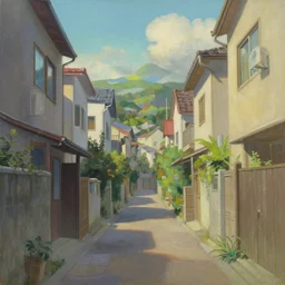 a beautiful oil painting of a closeup groundup perspective of a culdesac of modern houses, epic composition, rule of thirds, dof, by studio ghibli and rossdraws