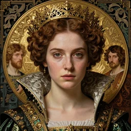 detailed realistic beautiful young medieval queen face portrait by jean delville, john william waterhouse, gustav klimt, and marco mazzoni, art nouveau, symbolist, visionary, gothic, preraphaelite, ultrasharp hyperdetailed photorealistic 7 5 mm octane render, ethereal, ornate gothic icon with heavy patina, opulent garments