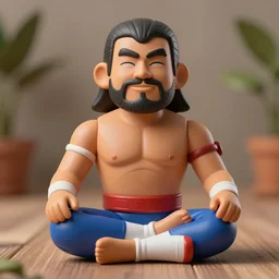 a sculpture of luchadores mexican wrestler with comically large heads and hands sitting in meditation in a calm relaxing environment, product photography, highly realistic, award winning toy design, ambient occlusion, digital art,