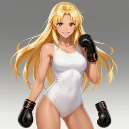An athletic tall blonde woman with a winning and radiant smile, long blonde hair, wearing a pure white swimsuit and leather fighting gloves. Fighting shonen anime, digital painting by WLOP