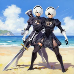 greg manchess painting of tracer from overwatch as 2 b nier automata on the beach holding a sword, organic painting, sunny day, matte painting, bold shapes, hard edges, street art, trending on artstation, by huang guangjian and gil elvgren and sachin teng