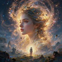 everything is a dream, abstract, masterpiece, beautiful composition, magical, epic environment, sparks of energy, fantasy landscape, portrait, perfect girl, love, divine, pretty face, thought provoking, highly detailed, atmospheric light, unique, intricate, artstation, art by wenjun lin and artem chebokha and alena aenami and ian llanas