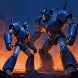 small and giant robot fighting, david vs goliath, dark fantasy, extremely detailed, sharp focus, smooth, matte painting, concept art, vaporwave style, blue orange chiaroscuro, trending on artstation
