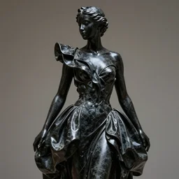 extremely beautiful female black marble statue with neoprene assymetrical distorted ballgown in the style of rei kawakubo, yohji yamamoto, japanese avant garde fashion, statue, black marble, carving, glossy, vogue, beautiful lighting, clear, sharp focus, depth of field, portrait, editorial, vogue