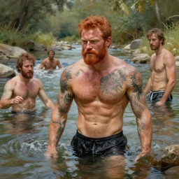 handsome tattooed ginger gym bro bathes in the river, painting by artgerm, gaston bussiere, craig mullins, j. c. leyendecker, tom of finland